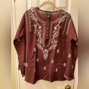 Metrostyle Cotton Long Sleeved Embroidered Sequins Tunic Brown Size 8